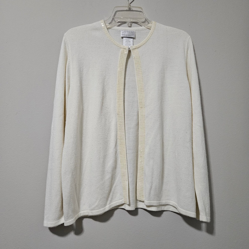 Designers Originals Cream Sequin Trim Cardigan Sweater Luxelon White Large